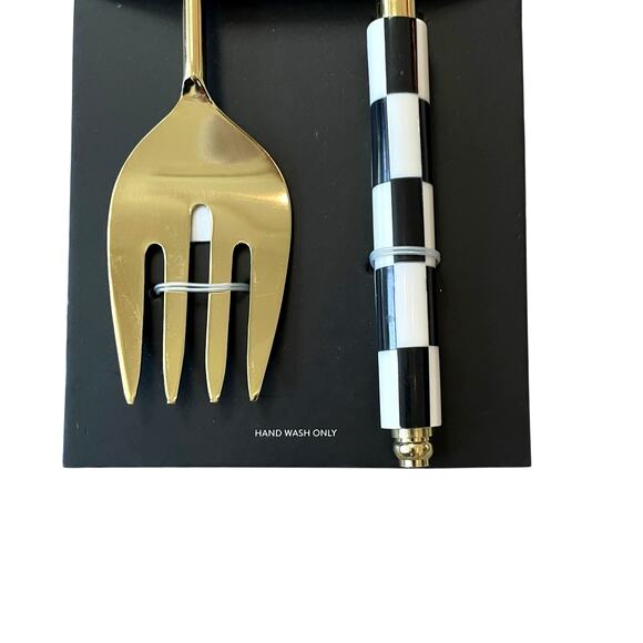 Tahari Salad Serving Spoon Fork Set of 2 Black & White Checkered Gold Glam New - Picture 5 of 7
